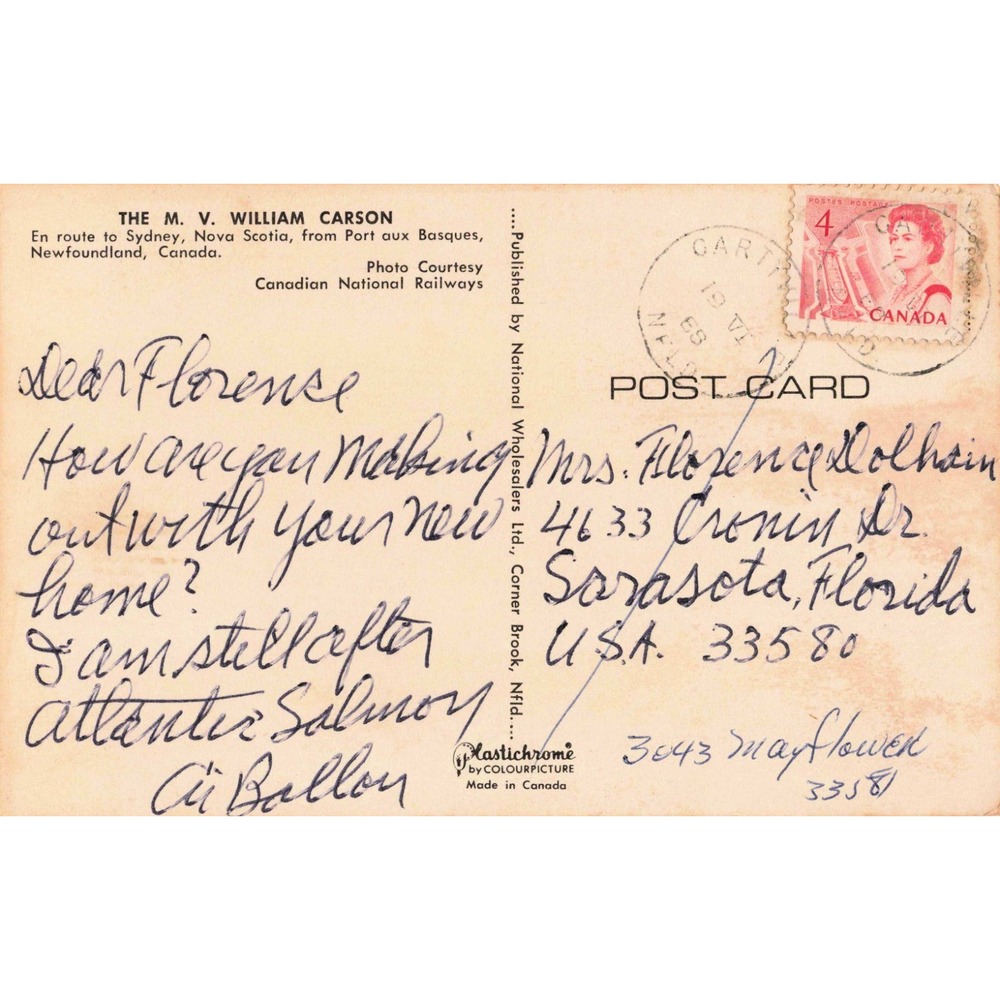 Vintage 1965 MV William Carson Ferry Postcard Newfoundland Nova Scotia Canada - Picture 2 of 2